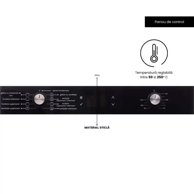 Cuptor electric incorporabil Hausberg HB-8054NG, Clasa A, volum 71L, putere 2225W, panou sticla termoizolant, termostat, timer, 8 functii, ventilatie, Negru