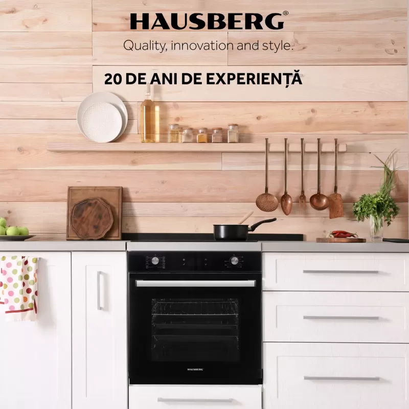 Cuptor electric incorporabil Hausberg HB-8054NG, Clasa A, volum 71L, putere 2225W, panou sticla termoizolant, termostat, timer, 8 functii, ventilatie, Negru