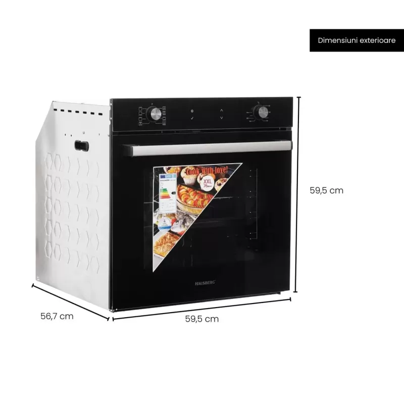 Cuptor electric incorporabil Hausberg HB-8054NG, Clasa A, volum 71L, putere 2225W, panou sticla termoizolant, termostat, timer, 8 functii, ventilatie, Negru