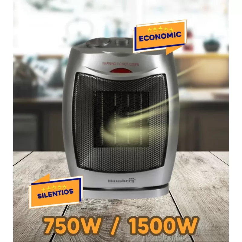 Aeroterma ceramica HAUSBERG HB-8300, 1500W, Termostat Reglabil, 2 Viteze, Functie Ventilator, Siguranta Anti Cadere, Silentios, Maner transport, Argintiu