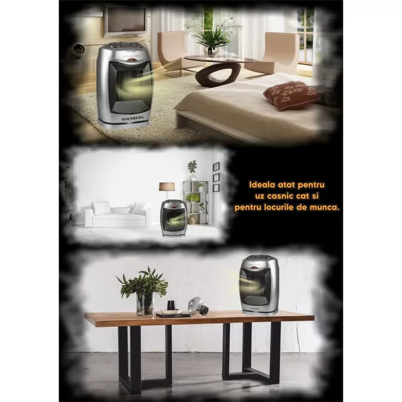 Aeroterma ceramica HAUSBERG HB-8300, 1500W, Termostat Reglabil, 2 Viteze, Functie Ventilator, Siguranta Anti Cadere, Silentios, Maner transport, Argintiu