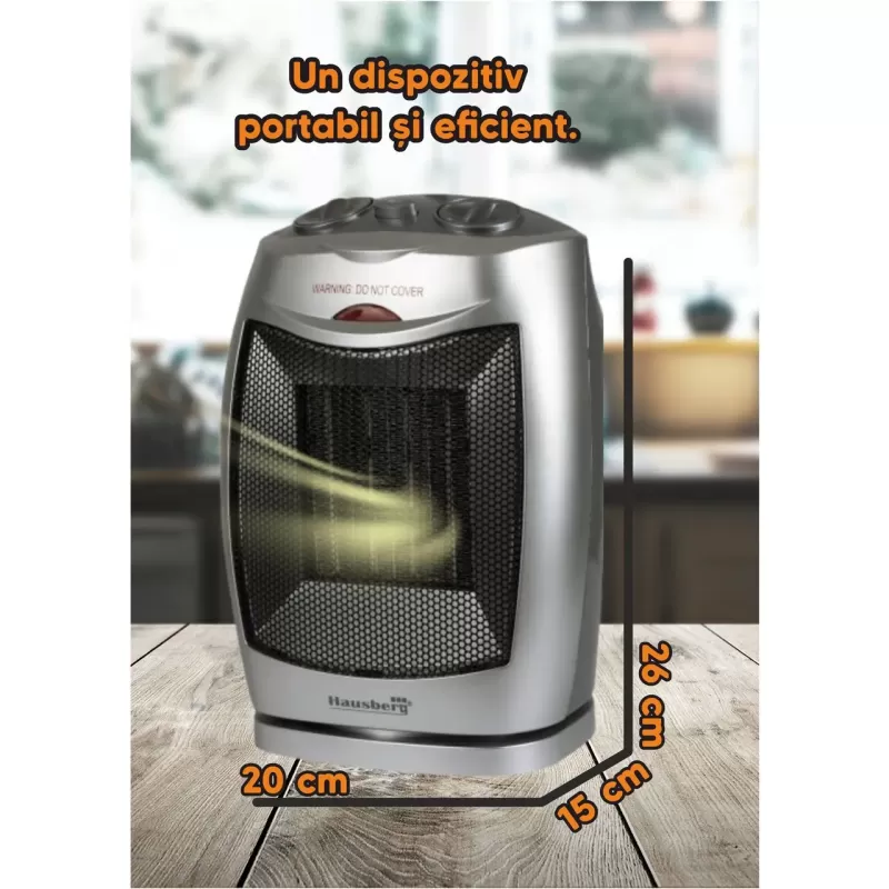 Aeroterma ceramica HAUSBERG HB-8300, 1500W, Termostat Reglabil, 2 Viteze, Functie Ventilator, Siguranta Anti Cadere, Silentios, Maner transport, Argintiu