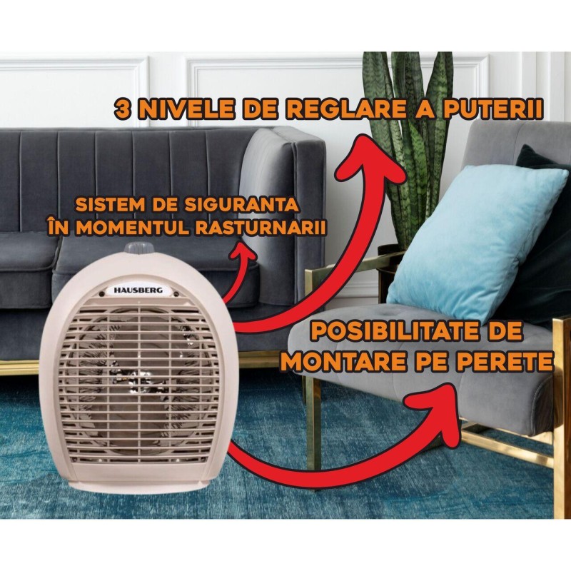 Aeroterma Hausberg HB-8504BJ, 2000 W, 3 trepte de putere, sistem de siguranta, Bej