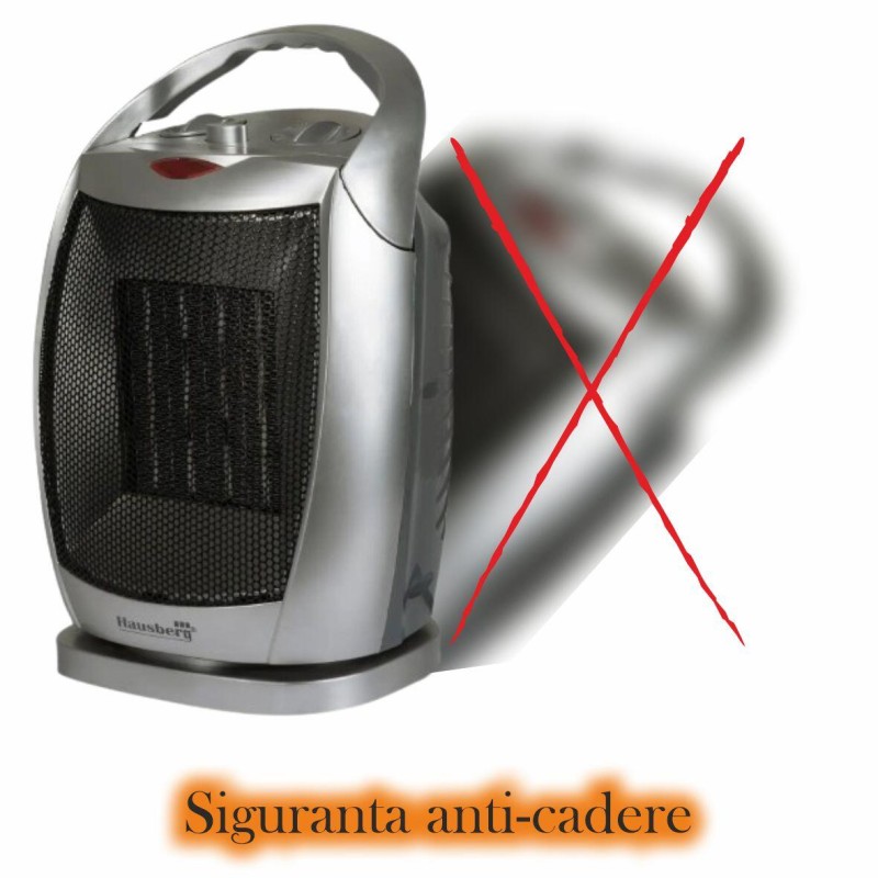 Aeroterma ceramica HAUSBERG HB-8770, 1500W, Termostat Reglabil, 2 Viteze, Functie Ventilator, Siguranta Anti Cadere, Silentios, Maner transport, Argintiu