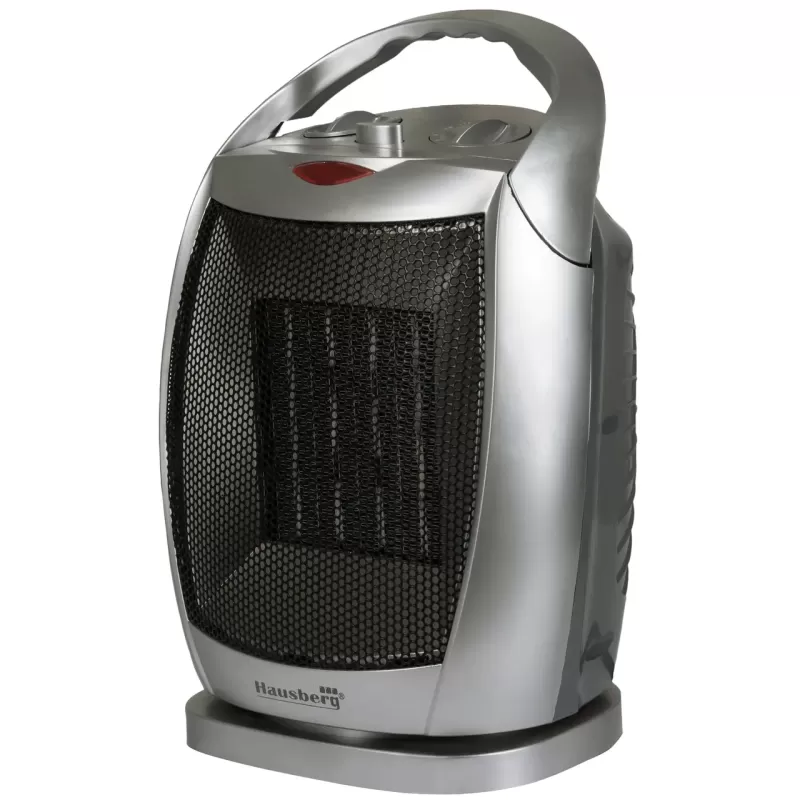 Aeroterma ceramica HAUSBERG HB-8770, 1500W, Termostat Reglabil, 2 Viteze, Functie Ventilator, Siguranta Anti Cadere, Silentios, Maner transport, Argintiu