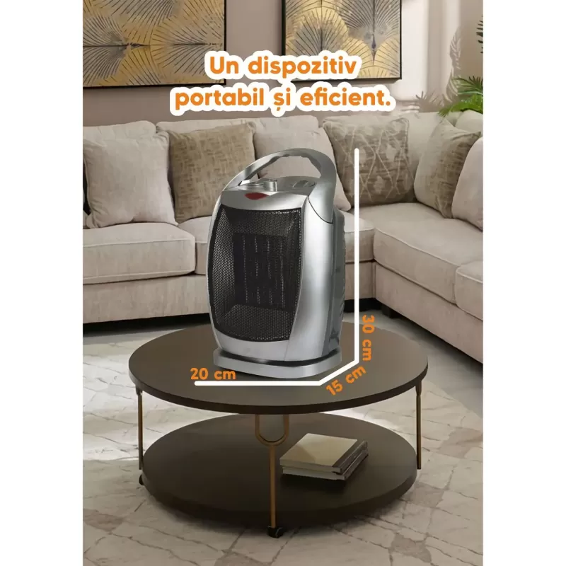 Aeroterma ceramica HAUSBERG HB-8770, 1500W, Termostat Reglabil, 2 Viteze, Functie Ventilator, Siguranta Anti Cadere, Silentios, Maner transport, Argintiu