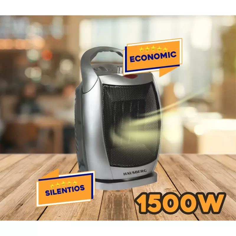 Aeroterma ceramica HAUSBERG HB-8770, 1500W, Termostat Reglabil, 2 Viteze, Functie Ventilator, Siguranta Anti Cadere, Silentios, Maner transport, Argintiu