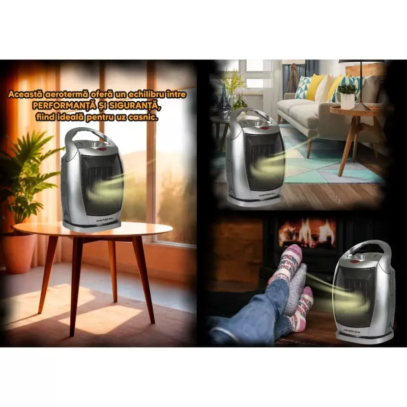 Aeroterma ceramica HAUSBERG HB-8770, 1500W, Termostat Reglabil, 2 Viteze, Functie Ventilator, Siguranta Anti Cadere, Silentios, Maner transport, Argintiu