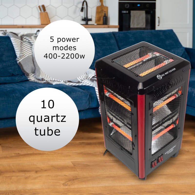 Radiator electric Hausberg HB-8802NG, 2200W, 5 niveluri de putere, incalzire in 5 directii, roti deplasare, maner pentru transport, protectie pentru rasturnare, Negru