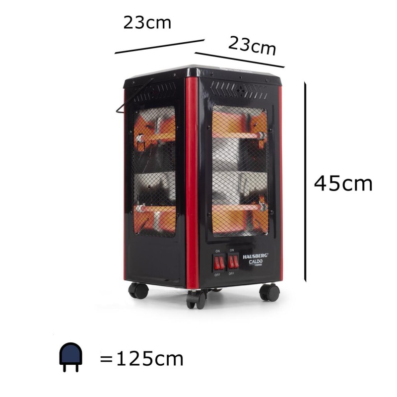 Radiator electric Hausberg HB-8802NG, 2200W, 5 niveluri de putere, incalzire in 5 directii, roti deplasare, maner pentru transport, protectie pentru rasturnare, Negru
