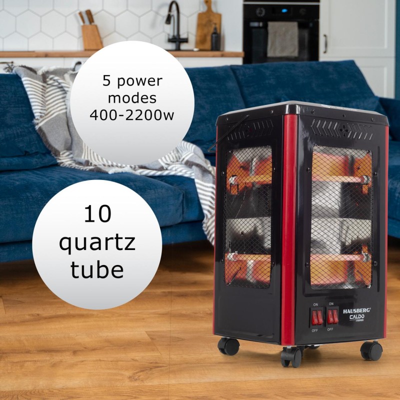 Radiator electric Hausberg HB-8802NG, 2200W, 5 niveluri de putere, incalzire in 5 directii, roti deplasare, maner pentru transport, protectie pentru rasturnare, Negru