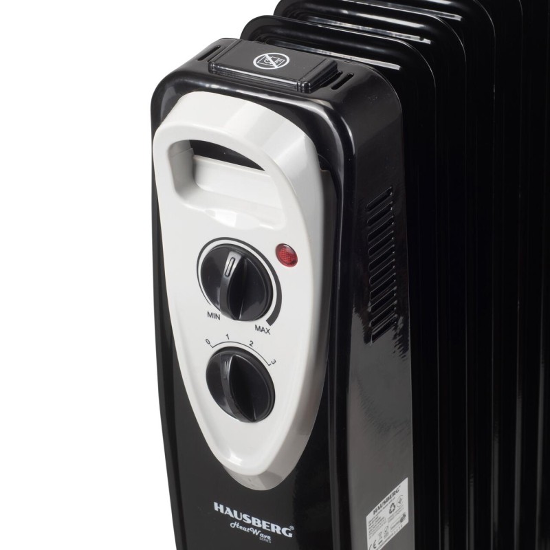 Calorifer electric Hausberg HB-8913NG, 2500 W, 13 elementi, 3 trepte de putere, Termostat reglabil, Protectie supra-incalzire, Protectie anti-rasturnare, Indicator luminos, Negru