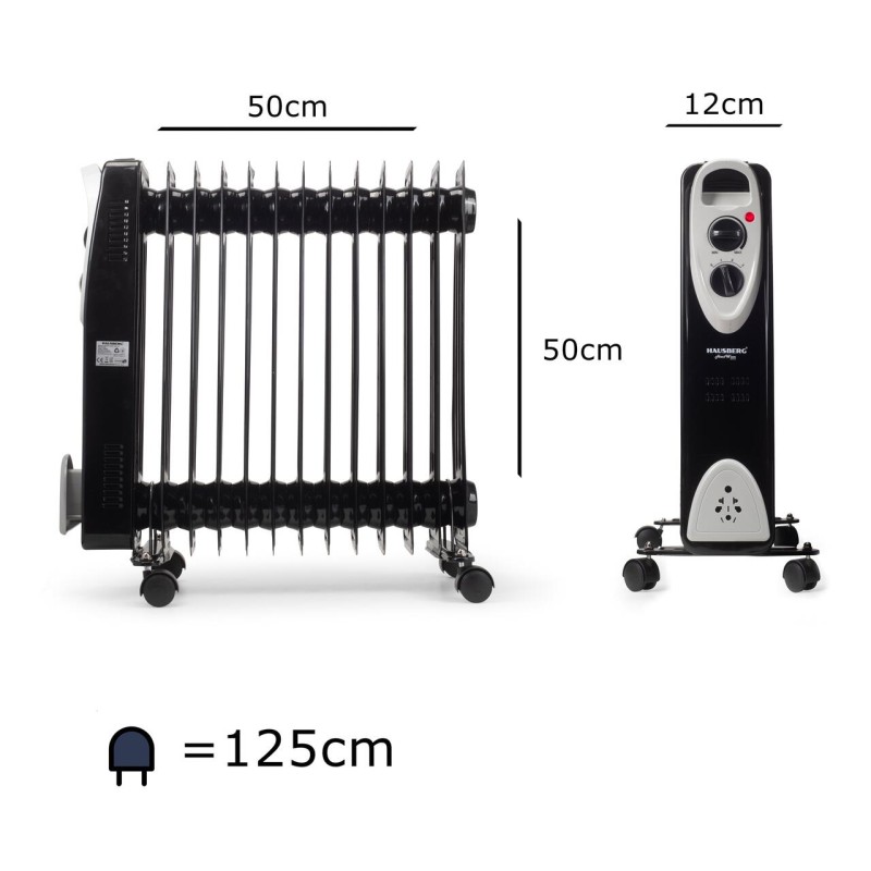 Calorifer electric Hausberg HB-8913NG, 2500 W, 13 elementi, 3 trepte de putere, Termostat reglabil, Protectie supra-incalzire, Protectie anti-rasturnare, Indicator luminos, Negru