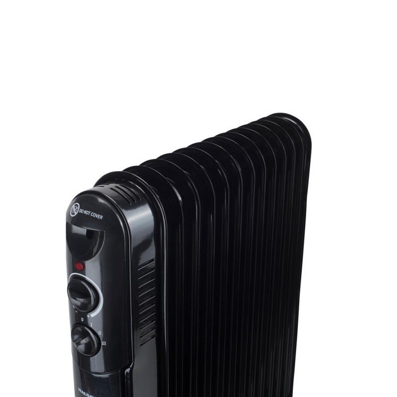 Calorifer electric cu ulei HAUSBERG HB-8935, 3 trepte, 1000-1500-2500 W, 13 elementi 110 mm x 580 mm, termostat reglabil, maner si rotite pentru o deplasare facila, indicator luminos functionare, negru
