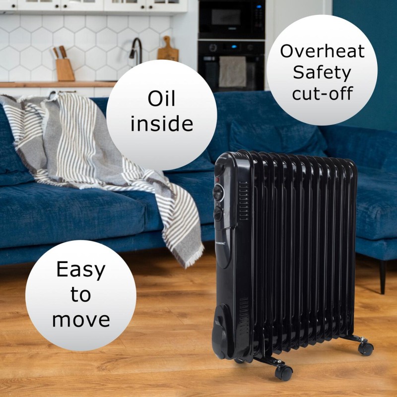 Calorifer electric cu ulei HAUSBERG HB-8935, 3 trepte, 1000-1500-2500 W, 13 elementi 110 mm x 580 mm, termostat reglabil, maner si rotite pentru o deplasare facila, indicator luminos functionare, negru