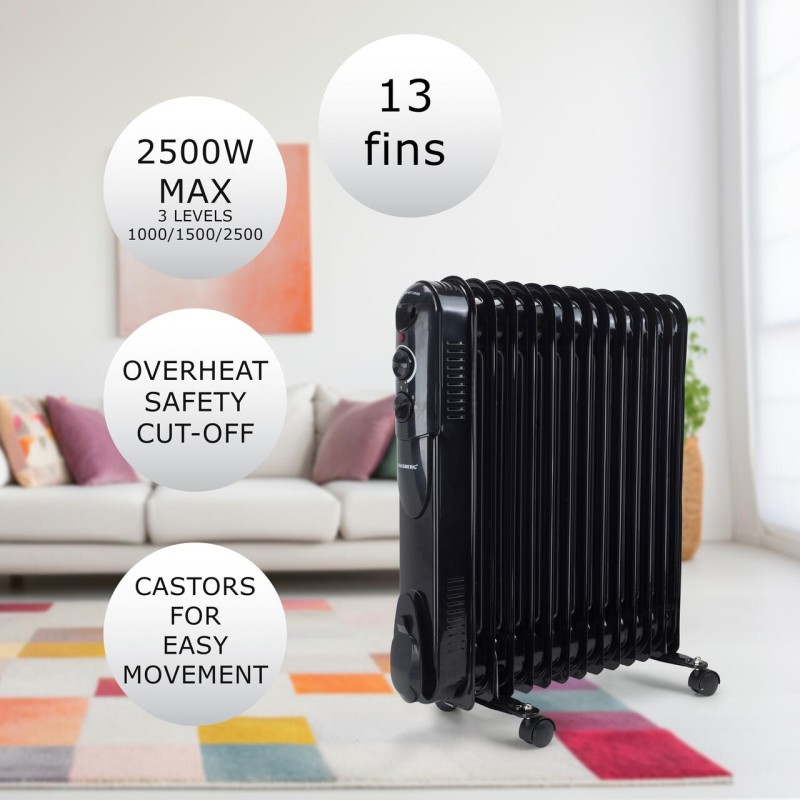 Calorifer electric cu ulei HAUSBERG HB-8935, 3 trepte, 1000-1500-2500 W, 13 elementi 110 mm x 580 mm, termostat reglabil, maner si rotite pentru o deplasare facila, indicator luminos functionare, negru