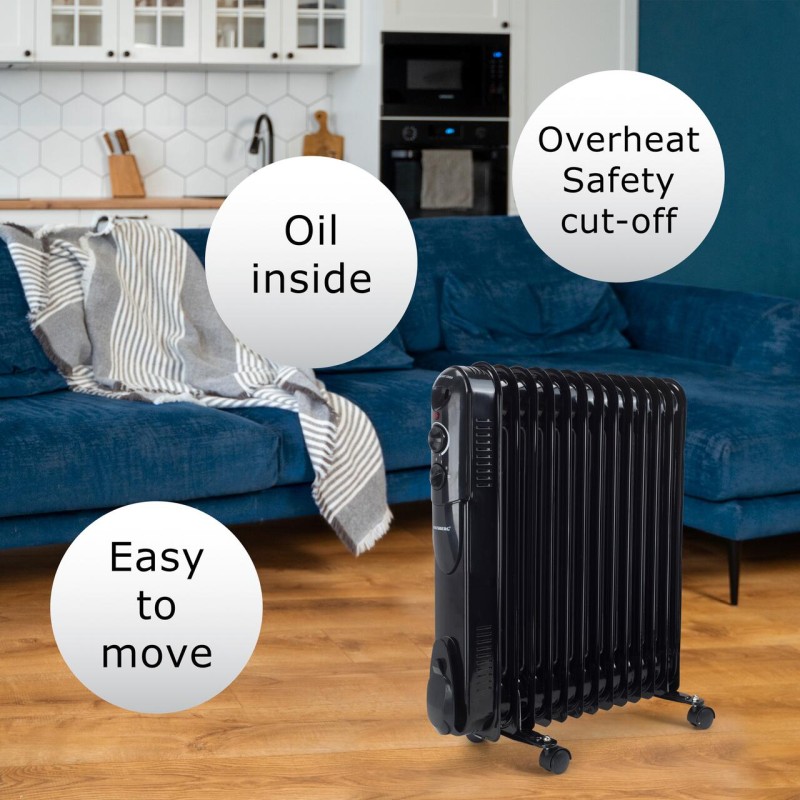 Calorifer electric cu ulei HAUSBERG HB-8935, 3 trepte, 1000-1500-2500 W, 13 elementi 110 mm x 580 mm, termostat reglabil, maner si rotite pentru o deplasare facila, indicator luminos functionare, negru
