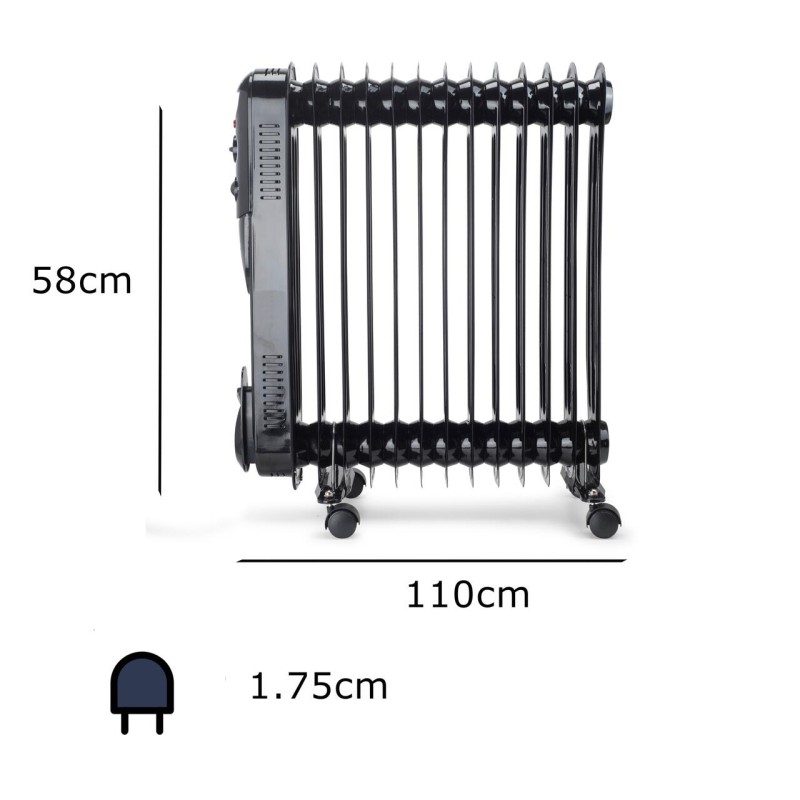 Calorifer electric cu ulei HAUSBERG HB-8935, 3 trepte, 1000-1500-2500 W, 13 elementi 110 mm x 580 mm, termostat reglabil, maner si rotite pentru o deplasare facila, indicator luminos functionare, negru