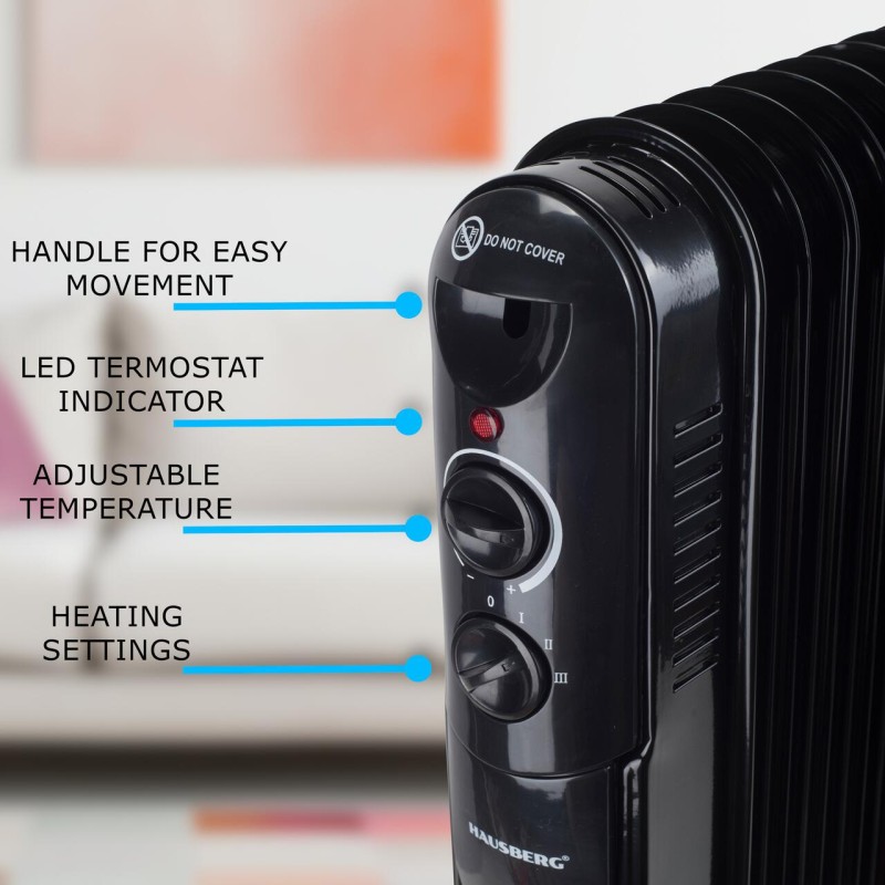 Calorifer electric cu ulei HAUSBERG HB-8935, 3 trepte, 1000-1500-2500 W, 13 elementi 110 mm x 580 mm, termostat reglabil, maner si rotite pentru o deplasare facila, indicator luminos functionare, negru