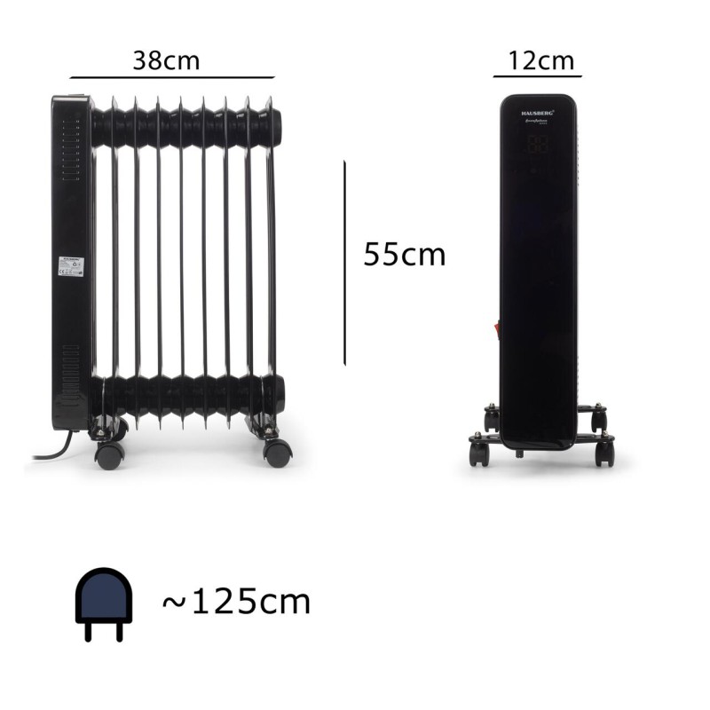 Calorifer electric Digital cu Telecomanda Hausberg HB-8950NG, 2000W, 9 elementi, 3 setari, Termostat electronic, Protectie supra-incalzire, Protectie anti-rasturnare, Negru
