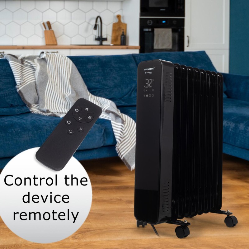 Calorifer electric Digital cu Telecomanda Hausberg HB-8950NG, 2000W, 9 elementi, 3 setari, Termostat electronic, Protectie supra-incalzire, Protectie anti-rasturnare, Negru