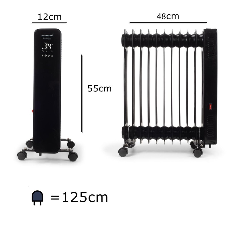 Calorifer electric Digital cu Telecomanda Hausberg HB-8955NG, 2500W, 11 elementi, 3 setari, Termostat electronic, Protectie supra-incalzire, Protectie anti-rasturnare, Negru