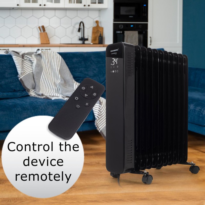 Calorifer electric Digital cu Telecomanda Hausberg HB-8955NG, 2500W, 11 elementi, 3 setari, Termostat electronic, Protectie supra-incalzire, Protectie anti-rasturnare, Negru