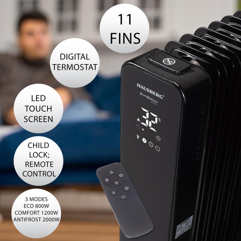 Calorifer electric Digital cu Telecomanda Hausberg HB-8955NG, 2500W, 11 elementi, 3 setari, Termostat electronic, Protectie supra-incalzire, Protectie anti-rasturnare, Negru