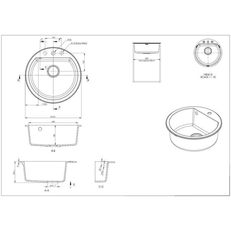 Chiuveta bucatarie Hausberg Adina HBC-9701, compozit, negru, cuva rotunda, diametru 51 cm