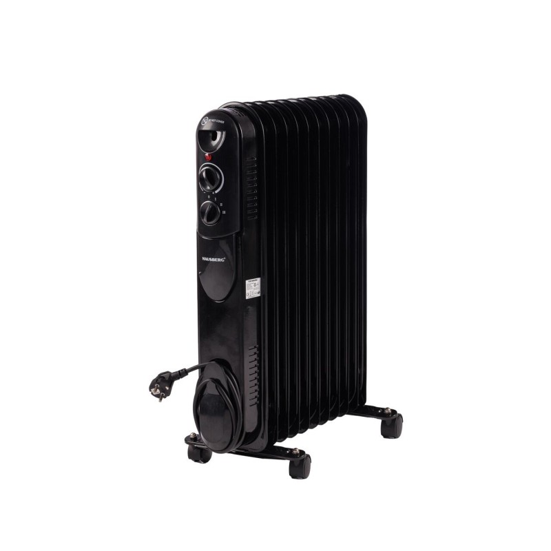 Calorifer electric cu ulei HAUSBERG HB-8925, 3 trepte, 1000-1500-2500 W, 11 elementi 110 mm x 580 mm, termostat reglabil, maner si rotite pentru o deplasare facila, indicator luminos functionare, negru