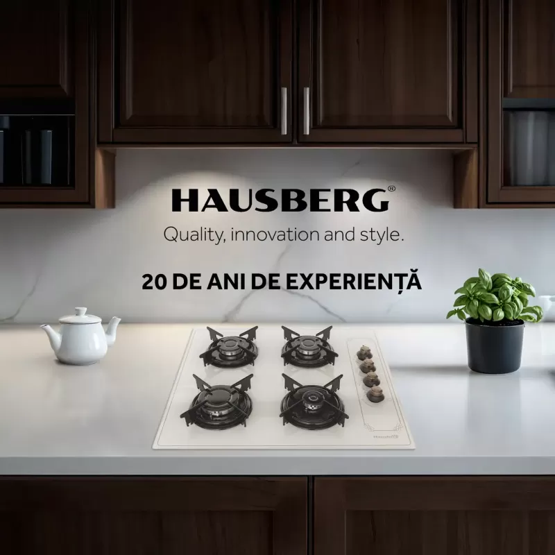 Plita Incorporabila Rustica Hausberg HB-570, 4 arzatoare, Gaz, 60 cm, Bej