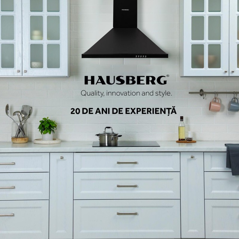 Hota incorporabila decorativa Hausberg HB-1260NG, Putere de absorbtie 400 m3/h, 1 motor, 60 cm, Negru