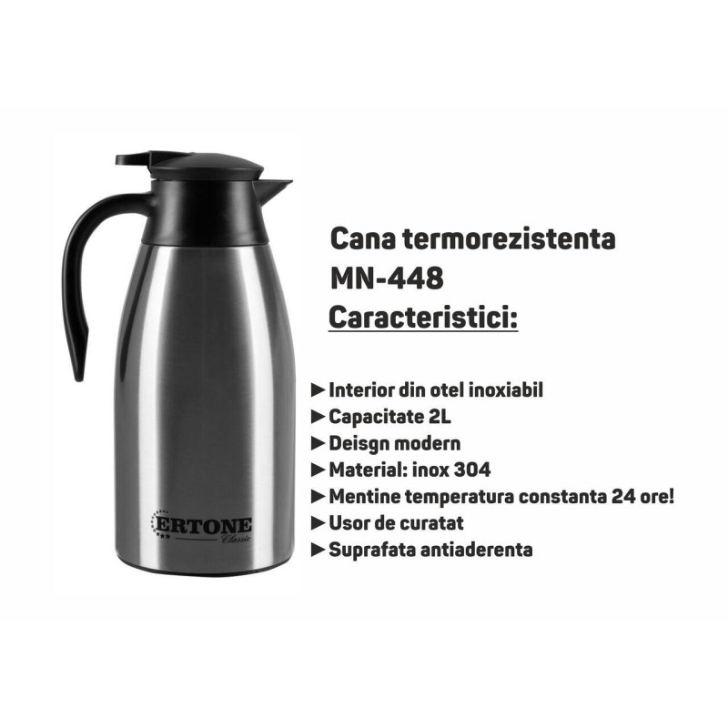 Cana termorezistenta Ertone MN-448, de 2 L, design modern, Inox