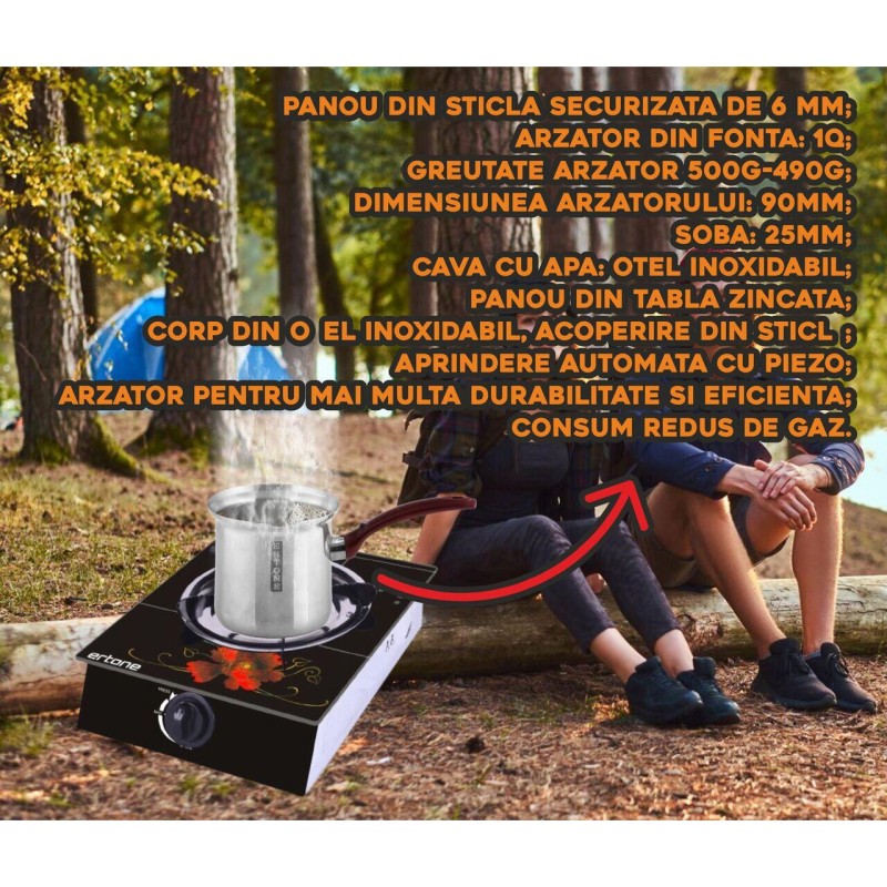 Aragaz ERTONE MN-1101 din sticla securizata, 1 ochi din fonta, aprindere pe quartz, negru