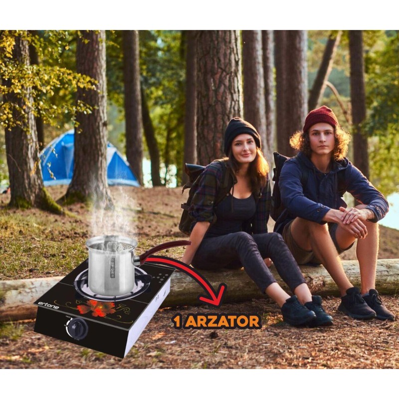 Aragaz ERTONE MN-1101 din sticla securizata, 1 ochi din fonta, aprindere pe quartz, negru