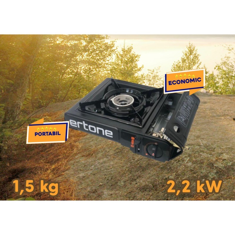 Aragaz portabil 2 in 1 camping Ertone ERT-MN232, Pentru butelie spray si standard, 2.2 kW, Aprindere piezo, Negru