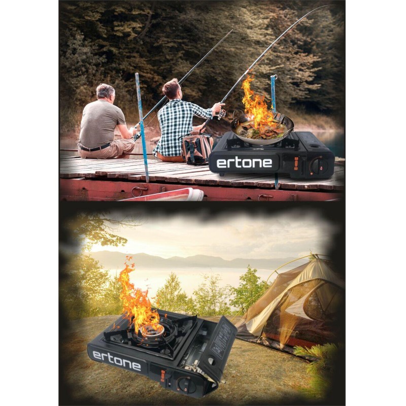 Aragaz portabil 2 in 1 camping Ertone ERT-MN232, Pentru butelie spray si standard, 2.2 kW, Aprindere piezo, Negru