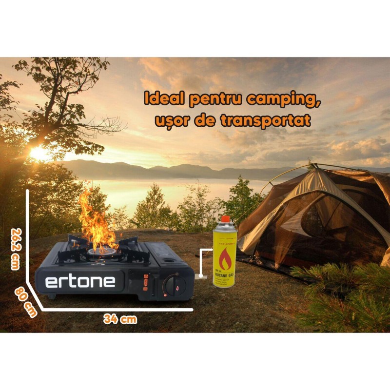 Aragaz portabil 2 in 1 camping Ertone ERT-MN232, Pentru butelie spray si standard, 2.2 kW, Aprindere piezo, Negru