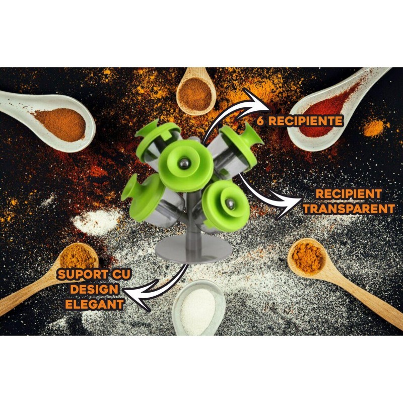 Set 6 Recipiente din Plastic pentru Condimente, Ertone MN402, 6 recipiente, Capace Silicon