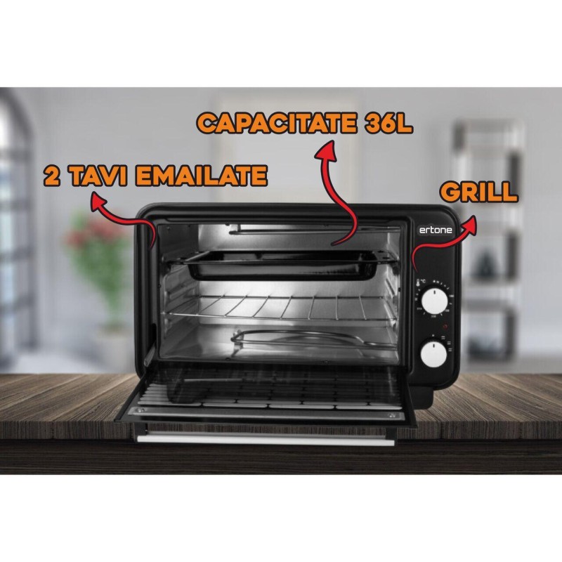 Cuptor electric Ertone MN9135NG, 36L, 1420W, Termostat, 2 Tavi, Negru