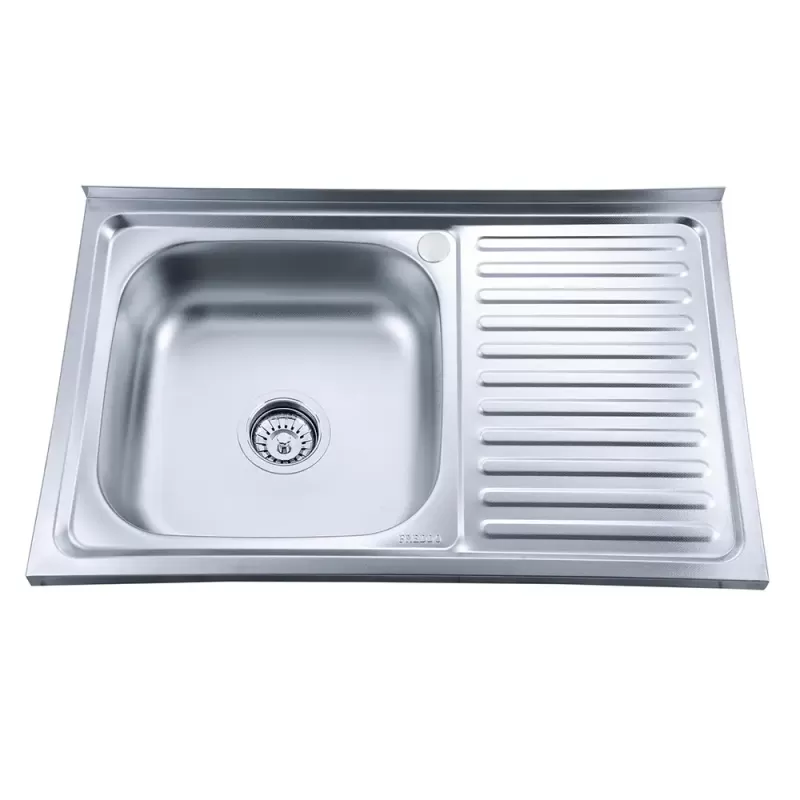 Chiuveta bucatarie Freddo SN8001S, montaj pe masca, dimensiune 80x50 cm, 13 cm adancime, cuva pe stanga, finisaj anticalcar, inox