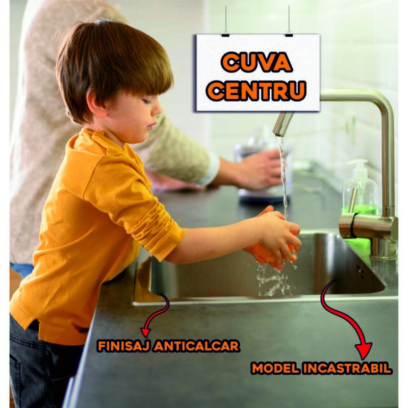 Chiuveta bucatarie pentru blat Freddo SN9005D, anticalcar, cuva centru, 52x41cm, adancime 18 cm, orificiu baterie dreapta, Inox