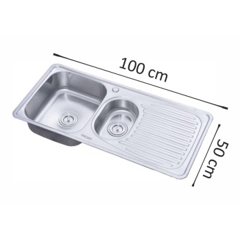 Chiuveta inox Freddo SN9011S, 2 cuve stanga, finisaj anticalcar, scurgere Q90, dimensiune 100 x 50 cm, adancime 18 cm