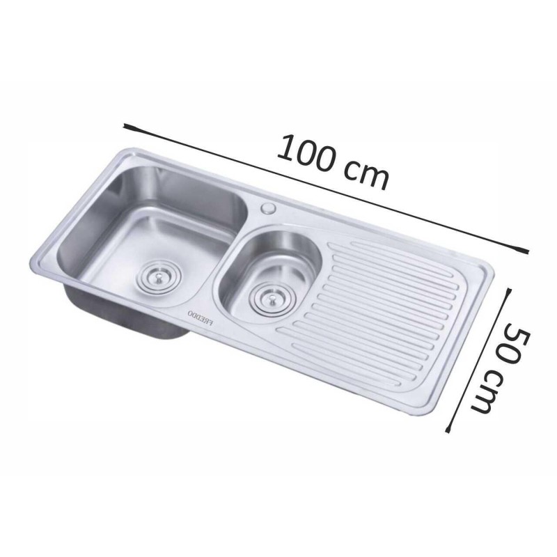 Chiuveta inox Freddo SN9011S, 2 cuve stanga, finisaj anticalcar, scurgere Q90, dimensiune 100 x 50 cm, adancime 18 cm