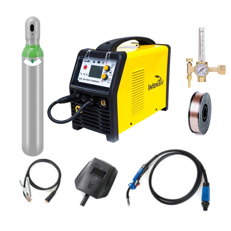 Pachet complet sudura MIG/MAG: MIG 200 TRIO SYNERGIC Intensiv, 230 V, 200 A, Butelie corgon 8l (plina), rola otel 5kg - 0.8mm