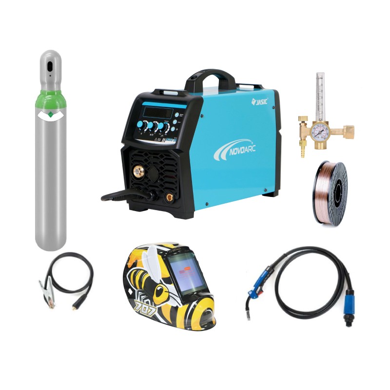 Pachet complet sudura MIG/MAG: NOVO MIG 180 JASIC, 230 V, 180 A, Butelie corgon 8l (plina), rola otel 5kg - 0.8mm