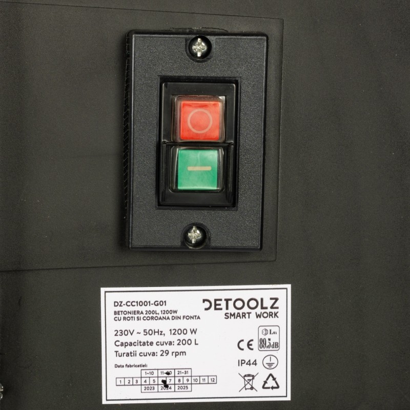 Betoniera Detoolz 200L, 1200W, cu roti si coroana de fonta