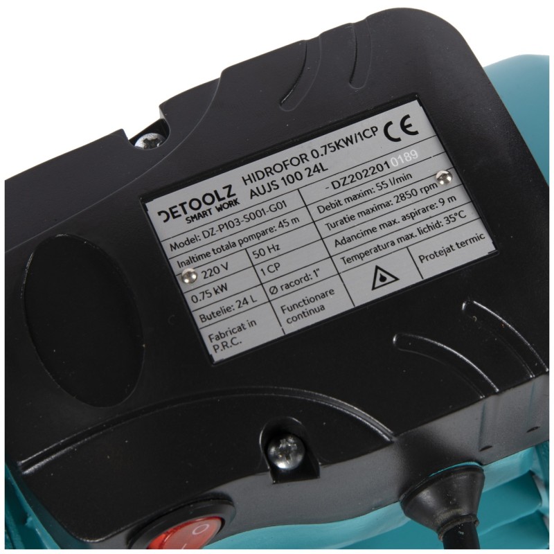 Hidrofor Detoolz 0.75 kW, debit 3300l/h, inaltime de pompare 45m, carcasa pompa inox, volum butelie 24 litri