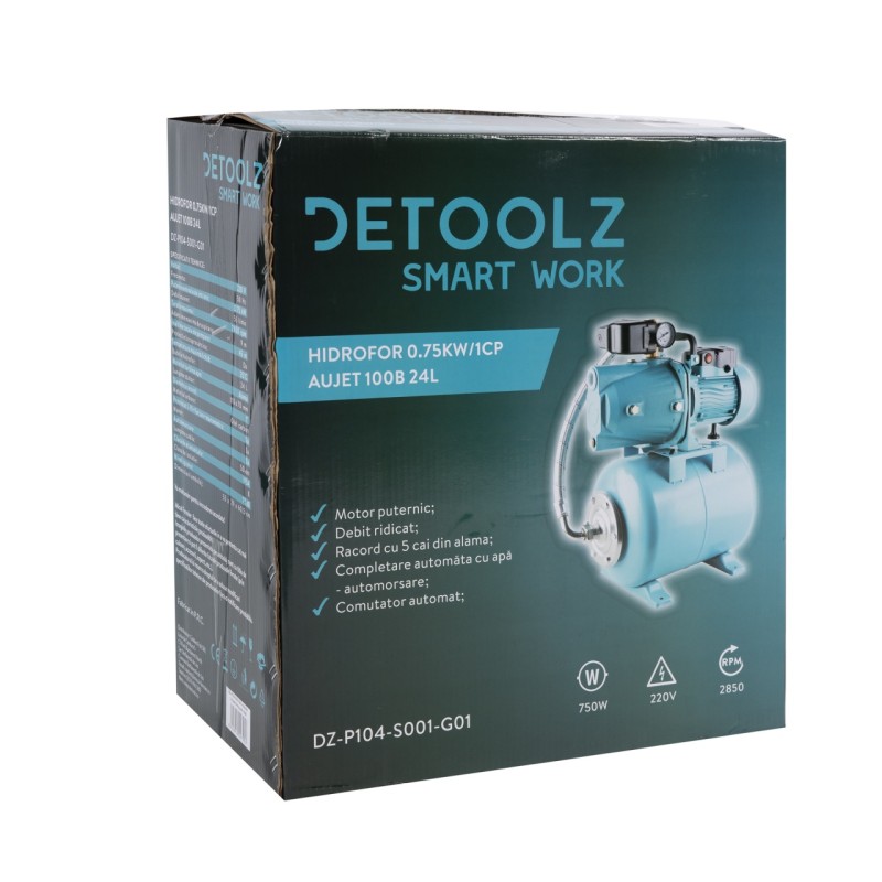 Hidrofor Detoolz 0.75 kW, debit 3300l/h, inaltime de pompare 45m, carcasa pompa fonta, volum butelie 24 litri