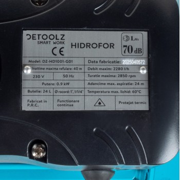 Hidrofor Detoolz 0.9 kW, debit maxim 2280l/h, inaltime maxima de pompare 40m, corp pompa fonta, butelie 24L, ejector